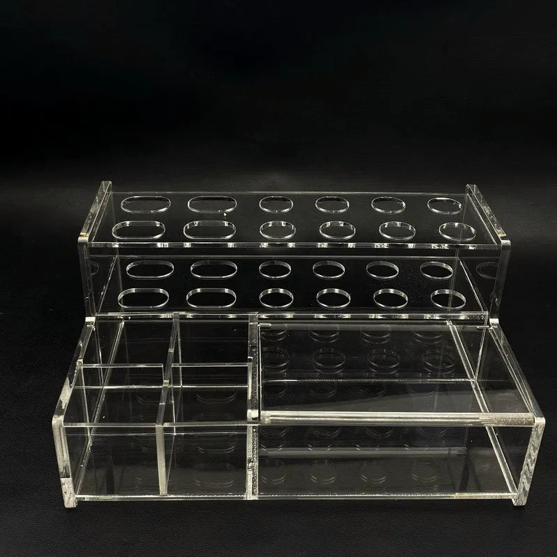 a clear acrylic display case on a black background