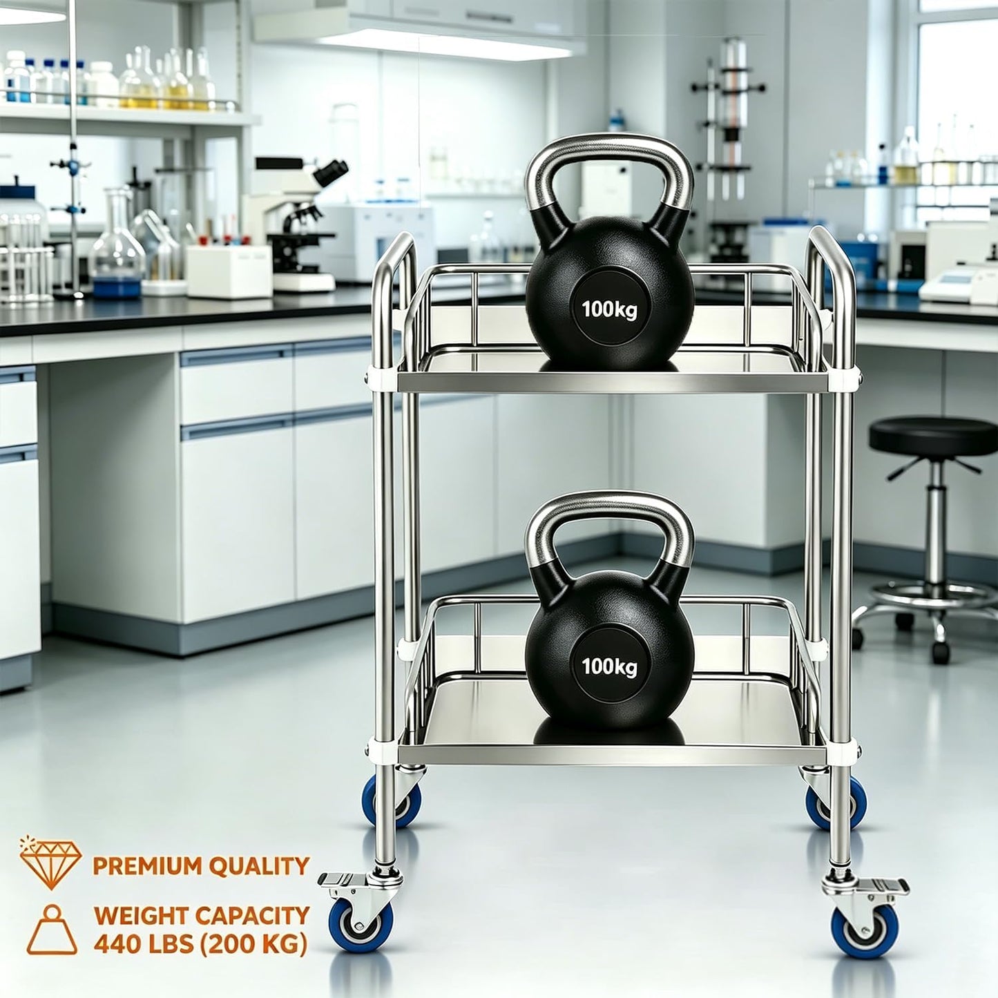 Lab Rolling Cart, Stainless Steel Serving Cart 2 Layer Medical Dental Utility Cart with Swivel Wheels Mobile Clinic Cart Laboratory Equipment Metal Rolling Cart for Hospital Restaurant Hotel