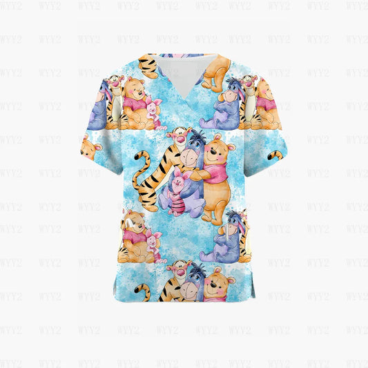 A scrubs uniform with Winnie the pooh characters on it.