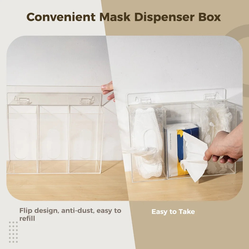 Acrylic Disposable Mask Dispenser Box with Flip Lid - 3-Compartment