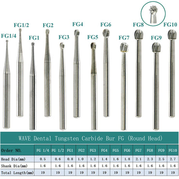 Round Carbide Burs (High Speed) Long Lasting FG - #1/4,1/2,1,3,4,5,6,7,8,9,10 - 10/Pk