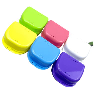 Colorful retainer cases in various colors for orthodontic storage, set of 30 high-quality plastic boxes to keep retainers safe and organized.