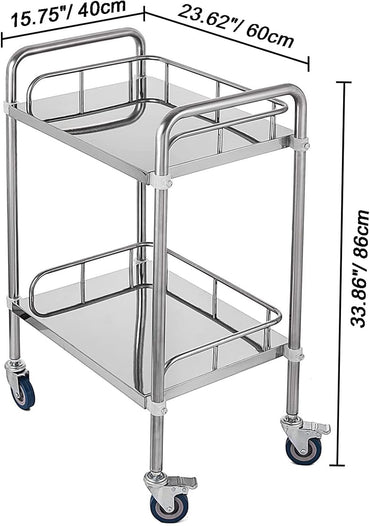Lab Rolling Cart, Stainless Steel Serving Cart 2 Layer Medical Dental Utility Cart with Swivel Wheels Mobile Clinic Cart Laboratory Equipment Metal Rolling Cart for Hospital Restaurant Hotel